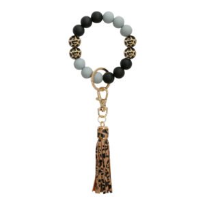 Silicone Beaded Wood Tag Wristlet Keychain With Tassel