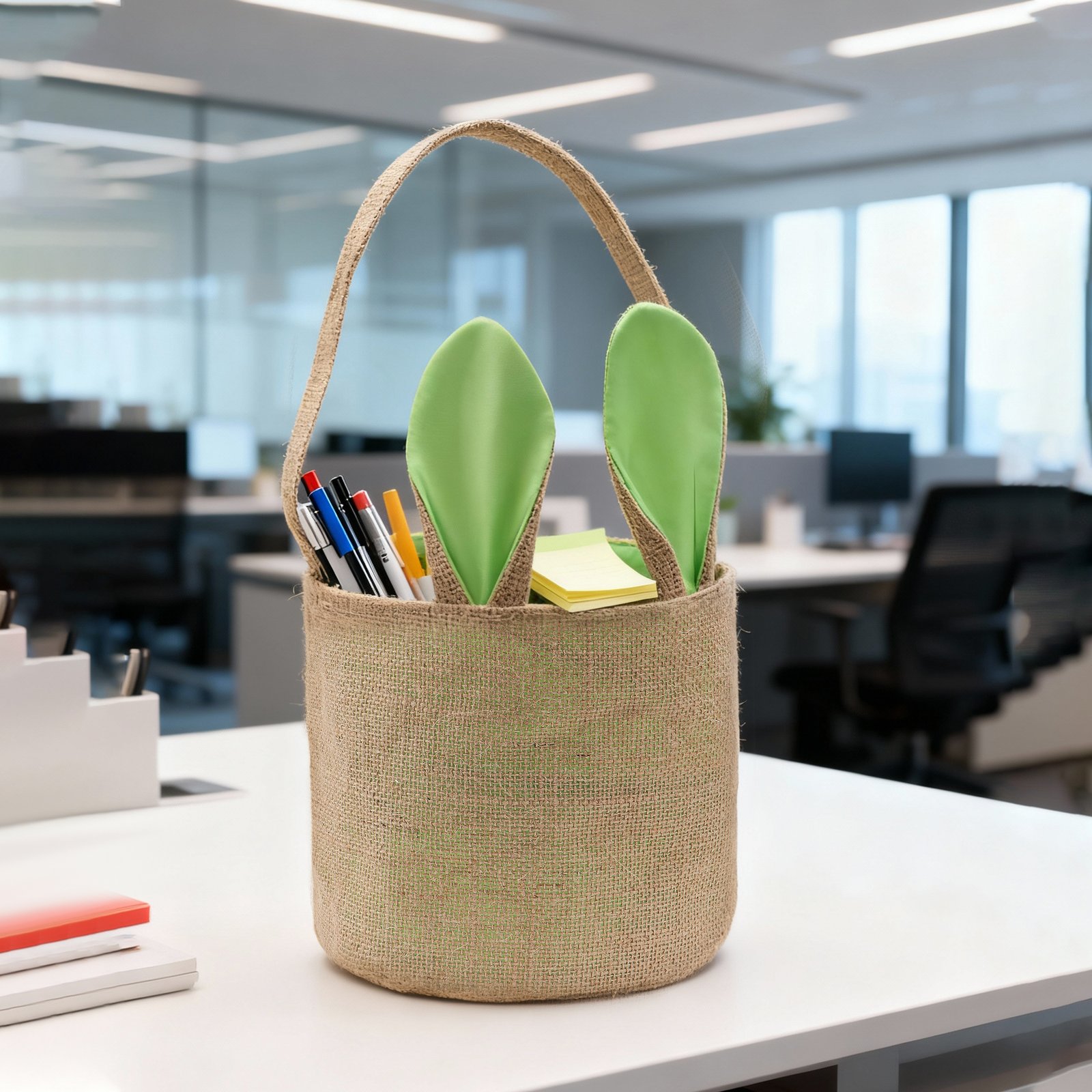 Easter Collapsible Jute Bunny Ear Basket With Handle