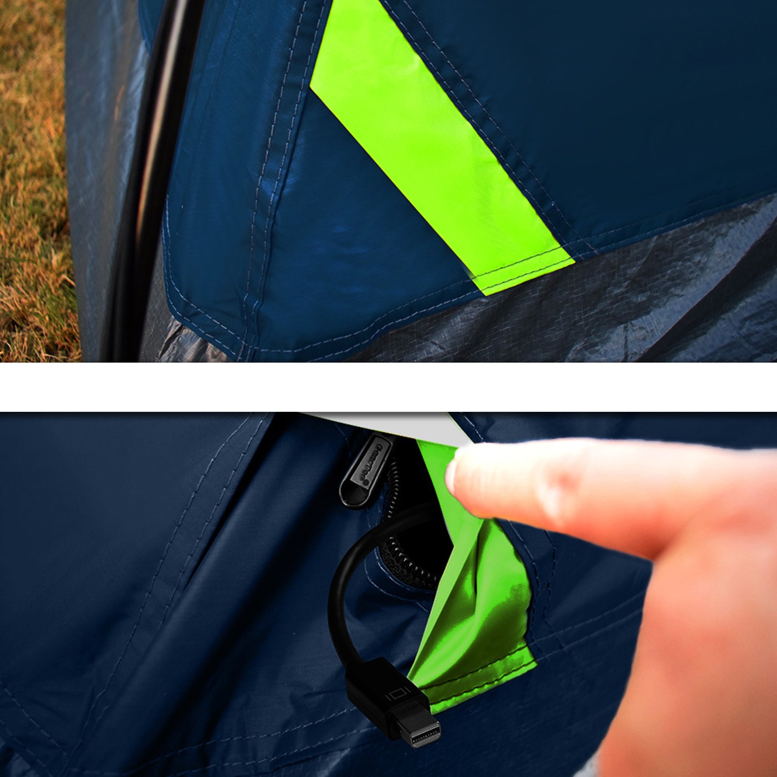 Three people camping field set up automatic tent