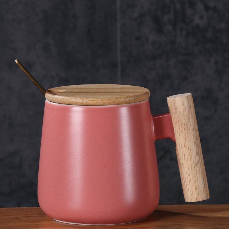 12oz. Ceramic Wooden Handle Tea cup Lid Spoon Coffee Mug