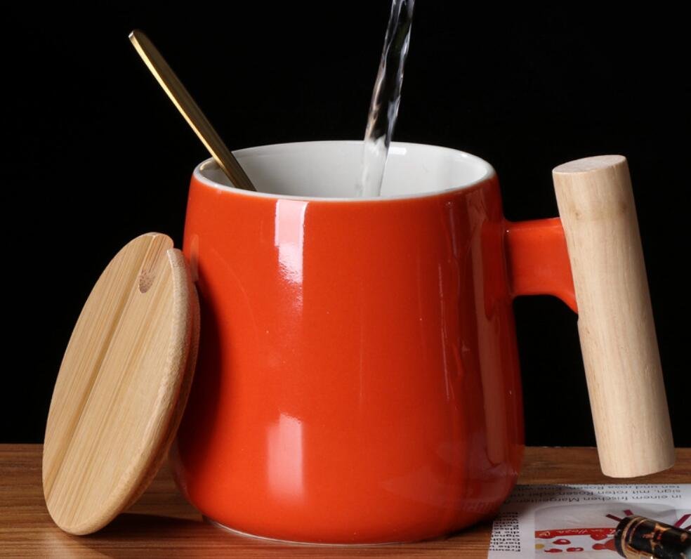 12oz. Ceramic Wooden Handle Tea cup Lid Spoon Coffee Mug
