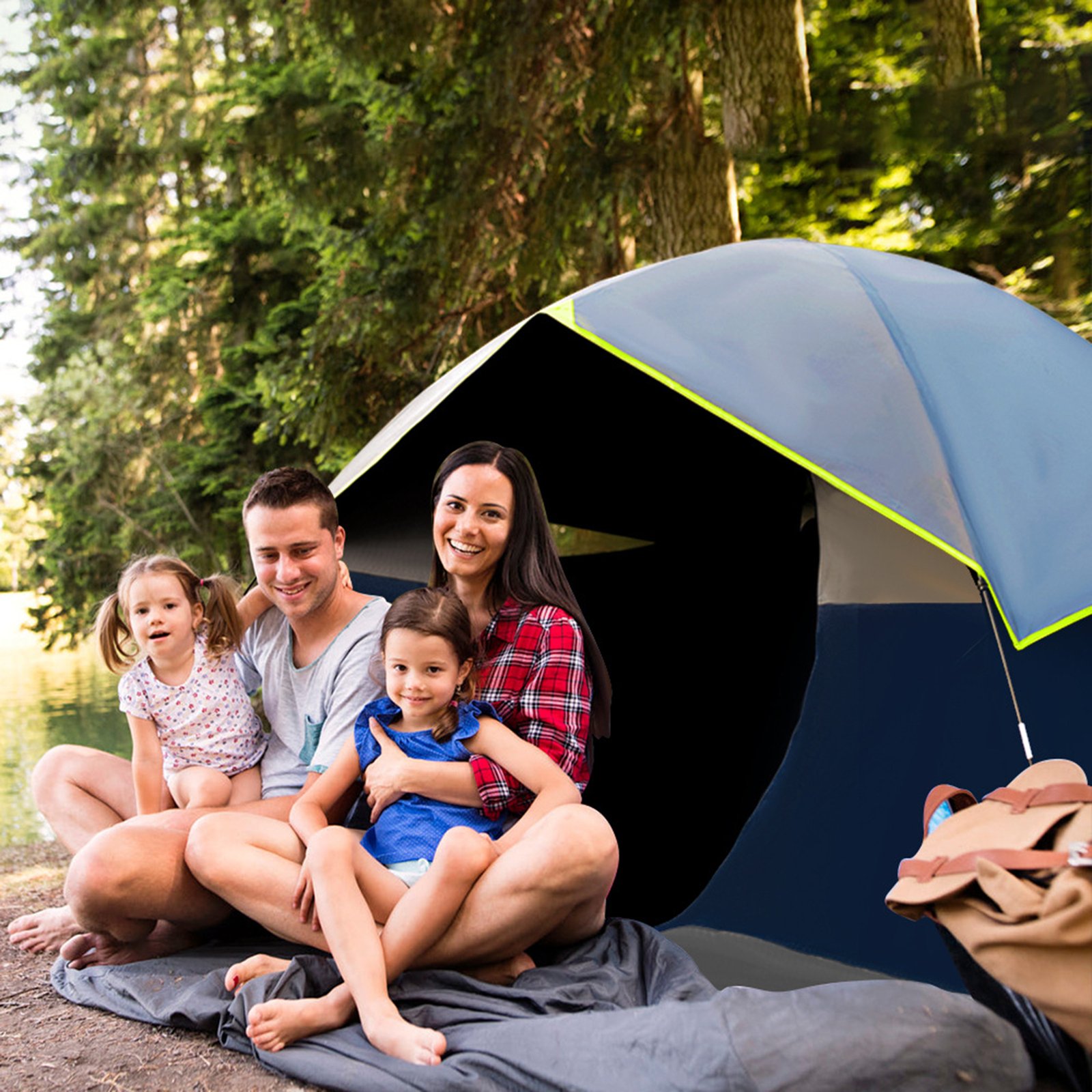 Three people camping field set up automatic tent
