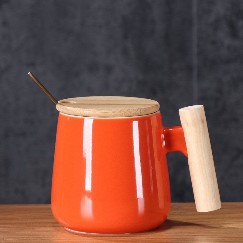 12oz. Ceramic Wooden Handle Tea cup Lid Spoon Coffee Mug