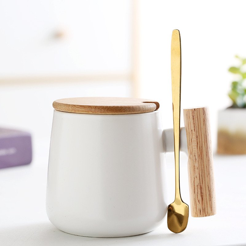 12oz. Ceramic Wooden Handle Tea cup Lid Spoon Coffee Mug