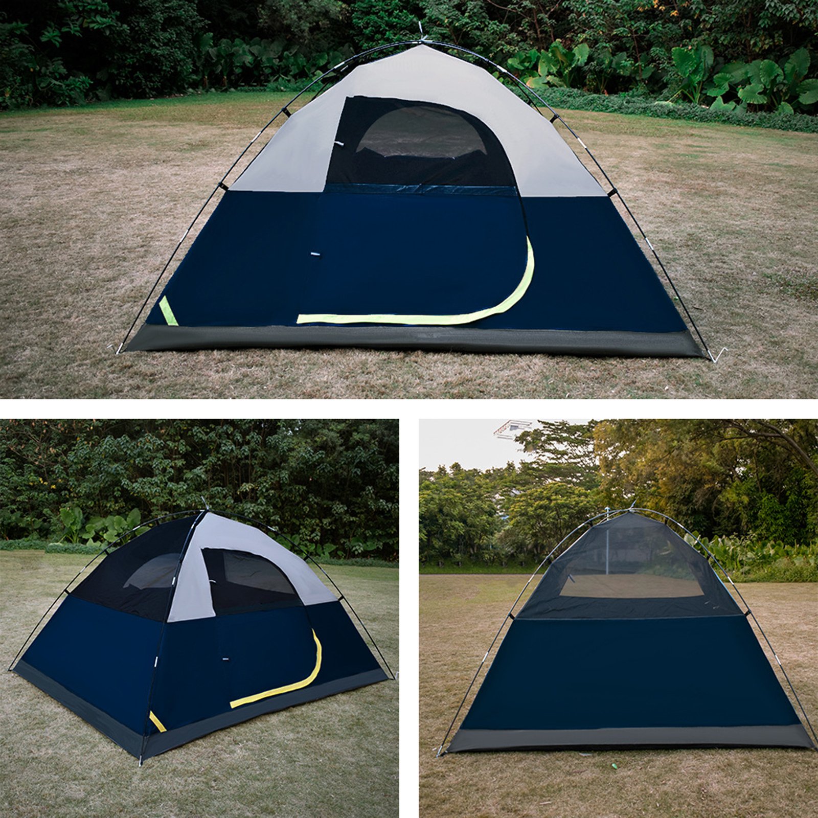 Three people camping field set up automatic tent