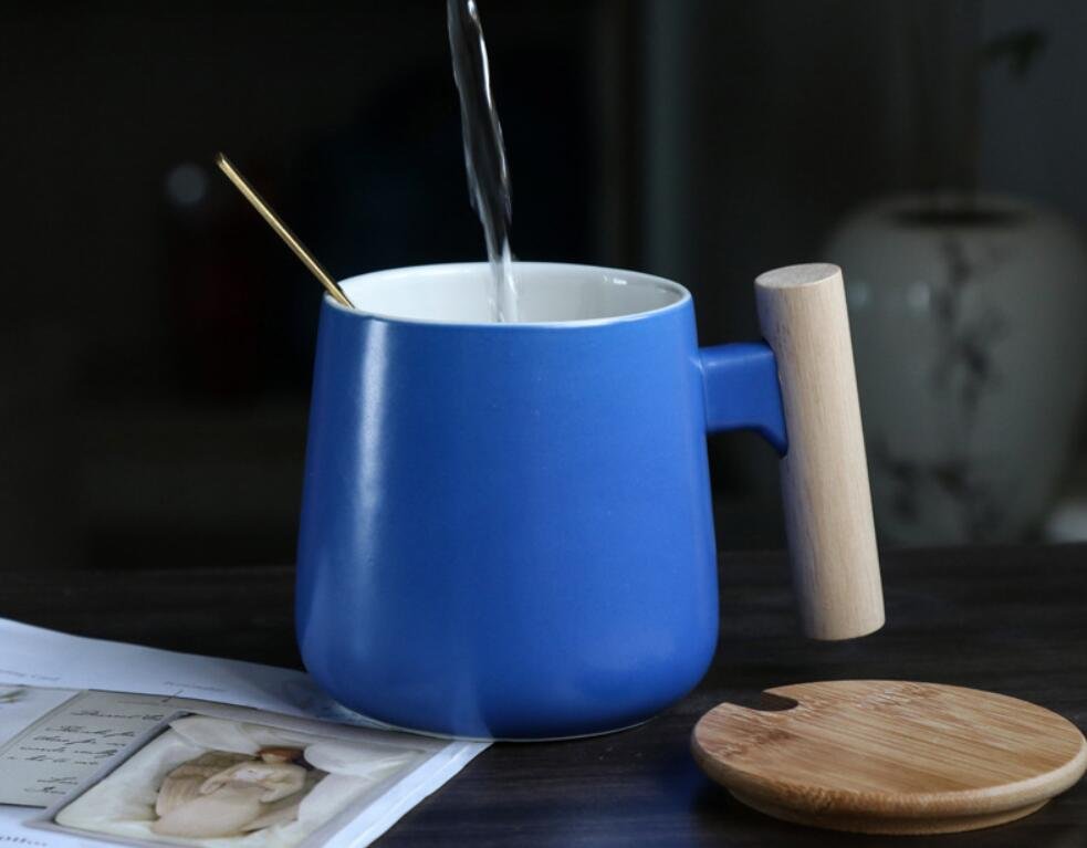 12oz. Ceramic Wooden Handle Tea cup Lid Spoon Coffee Mug