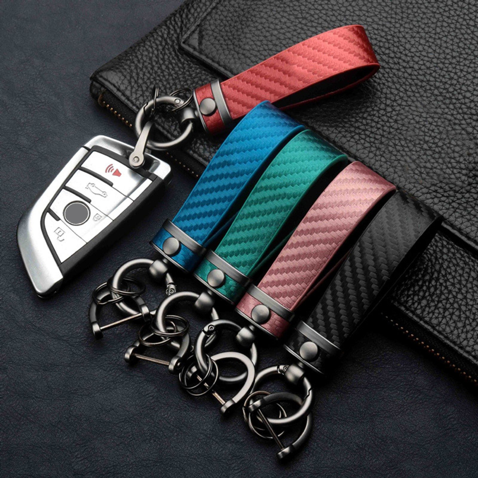Carbon Fiber Leather Metal Car Keychain
